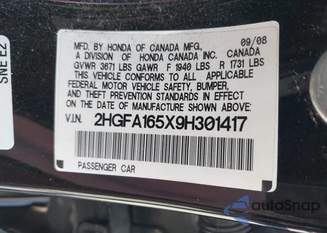 2009 Honda Civic Lx from USA, damaged, VIN 2HGFA165X9H301417